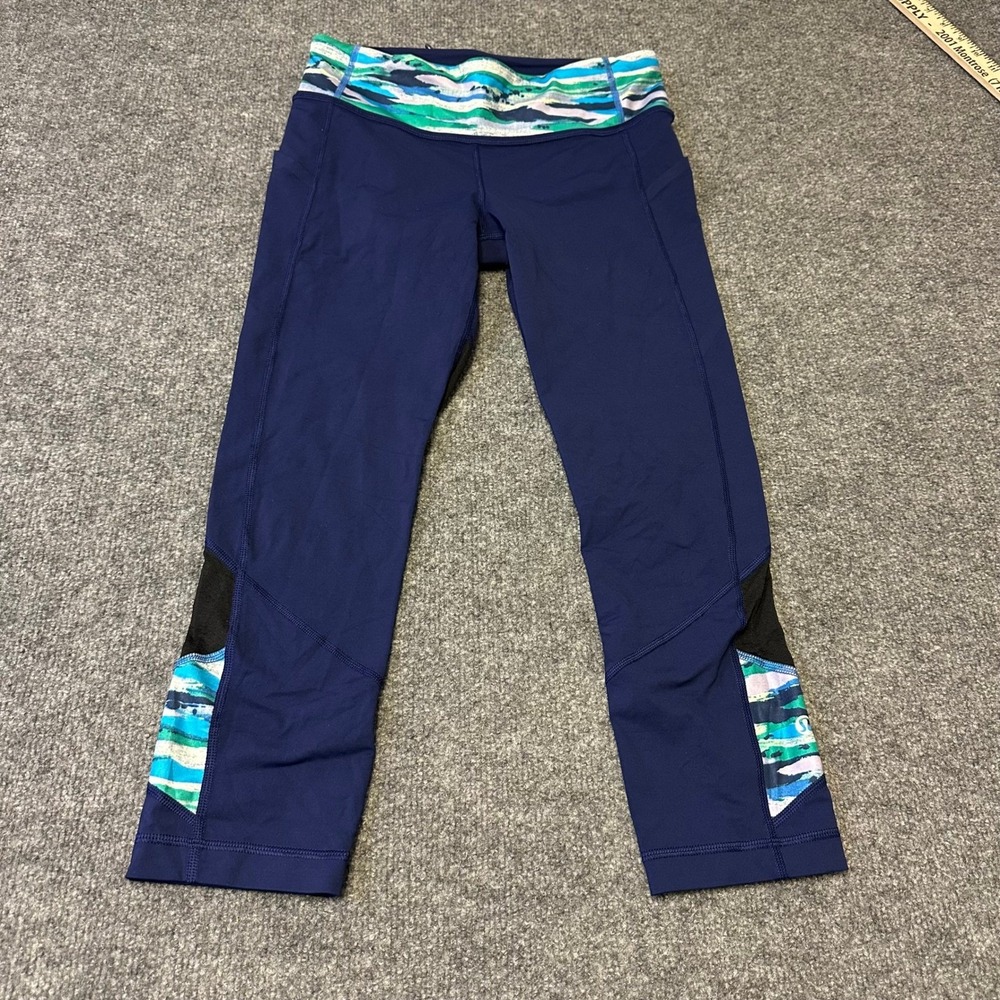 Lululemon Leggings Womens Size 6 Navy Blue Cropped Mesh Panel Athletic Yoga Pant